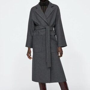 Zara Wool Blend Gray Wrap Coat Side Slit Size XS
